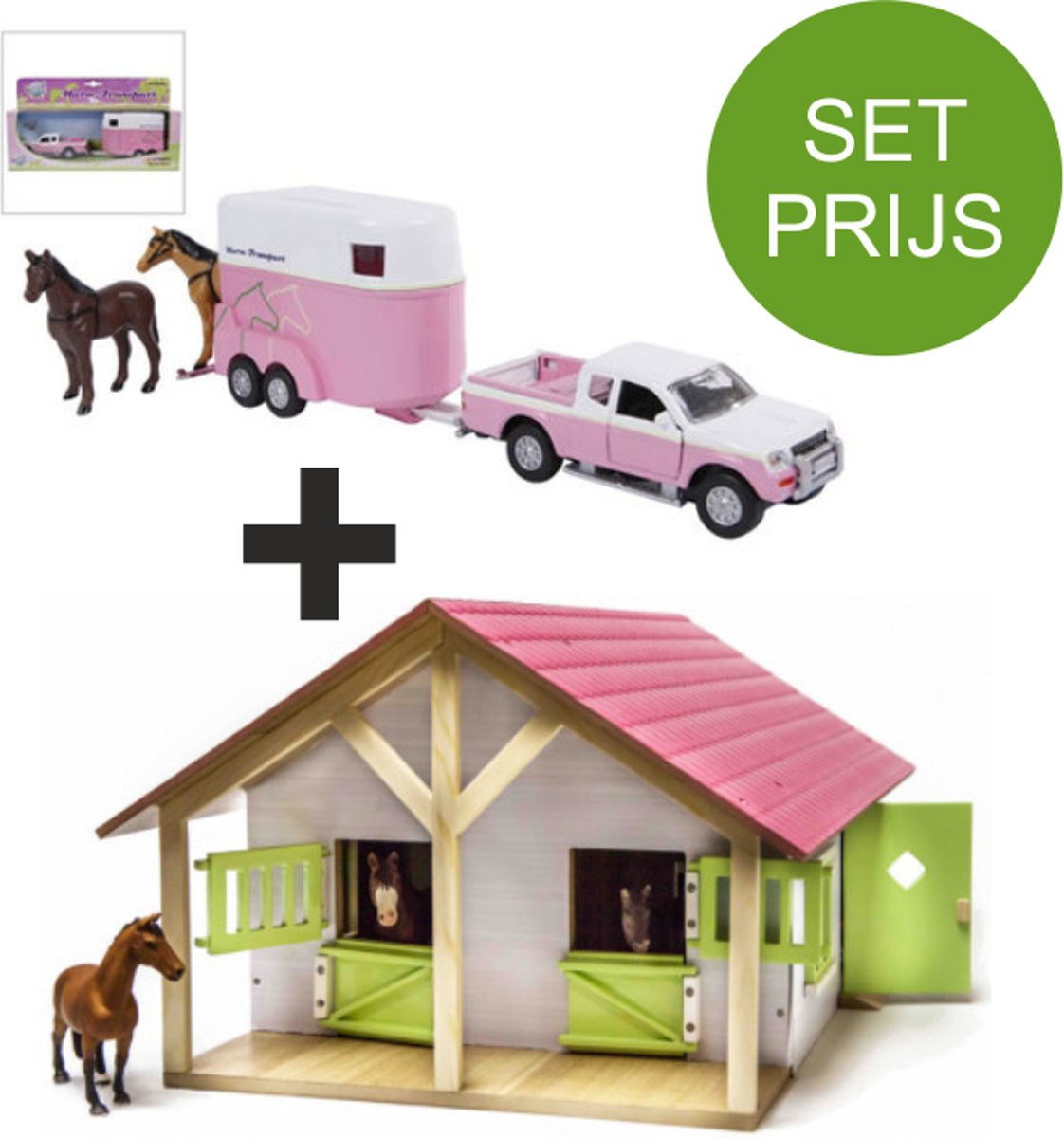 Kids Globe SET houten Paardenstal met 2 boxen en berging+Mitsubishi met paardentrailer 27cm 1:24 Roze dak