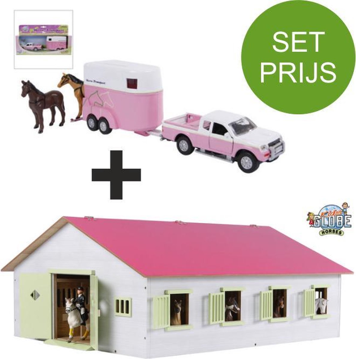 Kids Globe SET houten Paardenstal met 7 boxen+Mitsubishi met paardentrailer ( Roze) 1:24