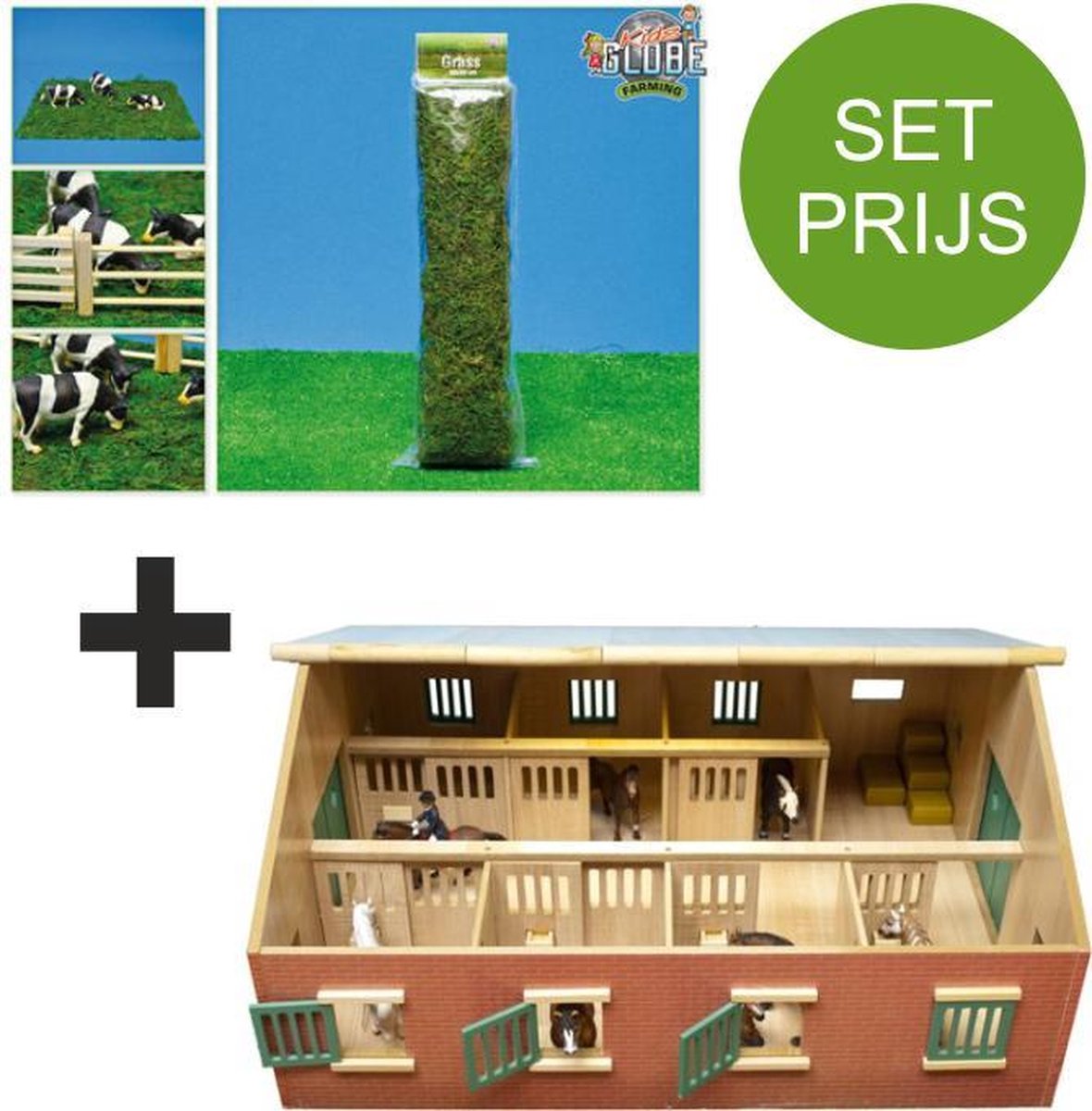 Kids Globe SET houten Paardenstal met 7 boxen+grasmat 1:24