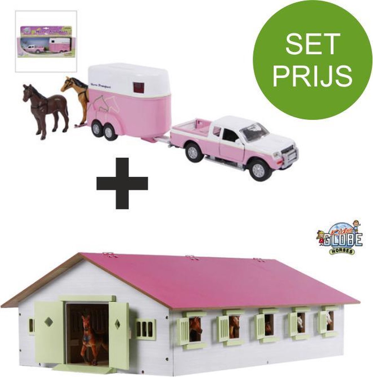 Kids Globe SET houten Paardenstal met 9 boxen+Mitsubishi met paardentrailer( Roze) 1:32