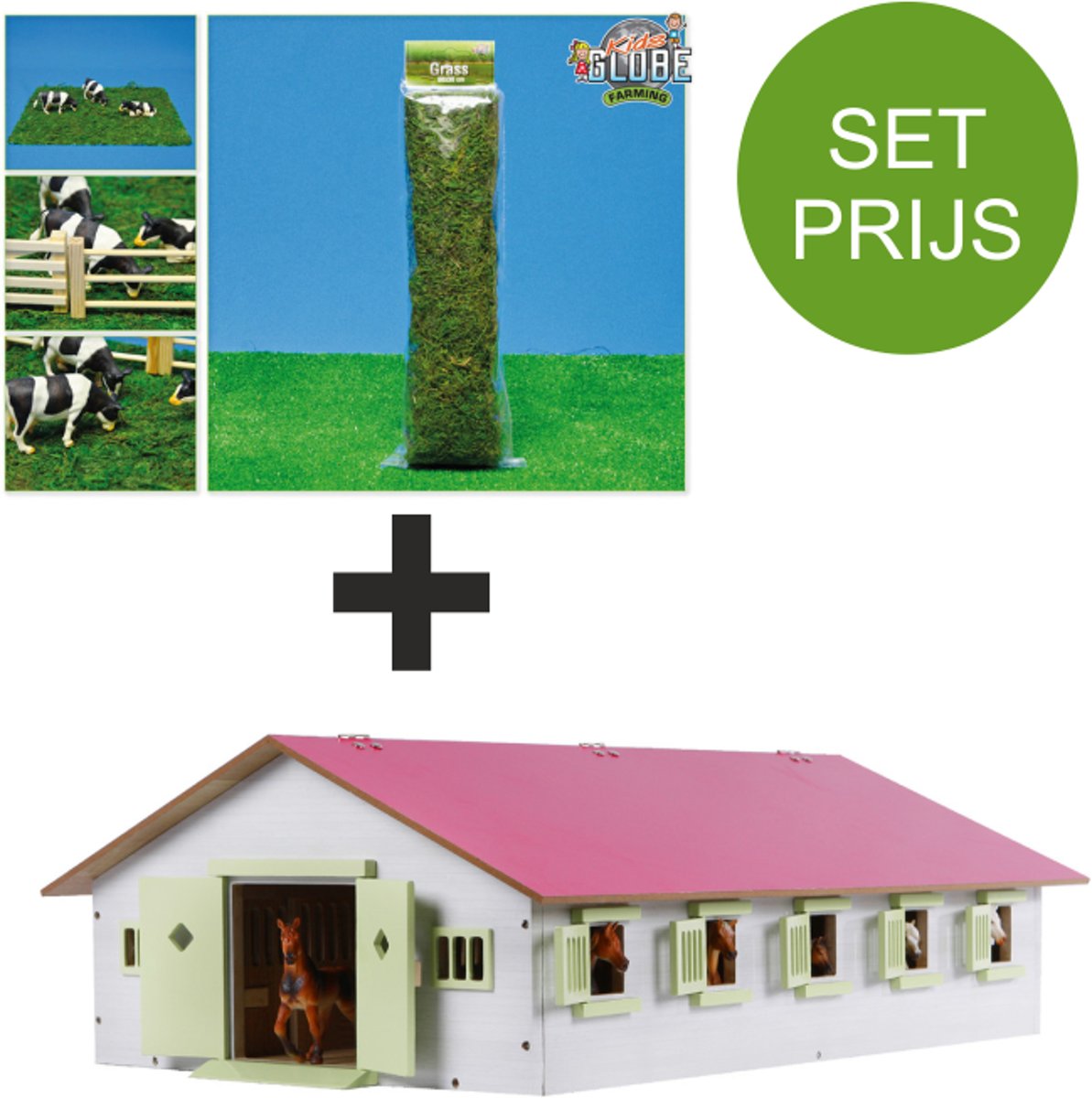 Kids Globe SET houten Paardenstal roze met 7 boxen+grasmat 1:24