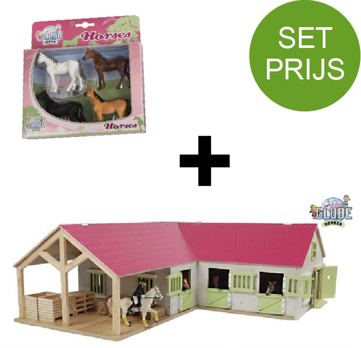 Kids Globe SET paarden hoekstal met 3 boxen en berging 1:24 68x77x27cm roze + 4 paarden