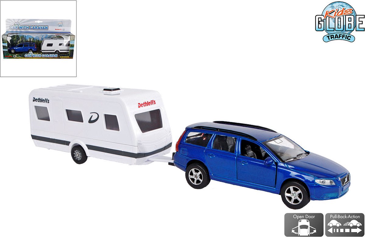 Kids Globe V70 met Dethleffs caravan die cast pb 30cm