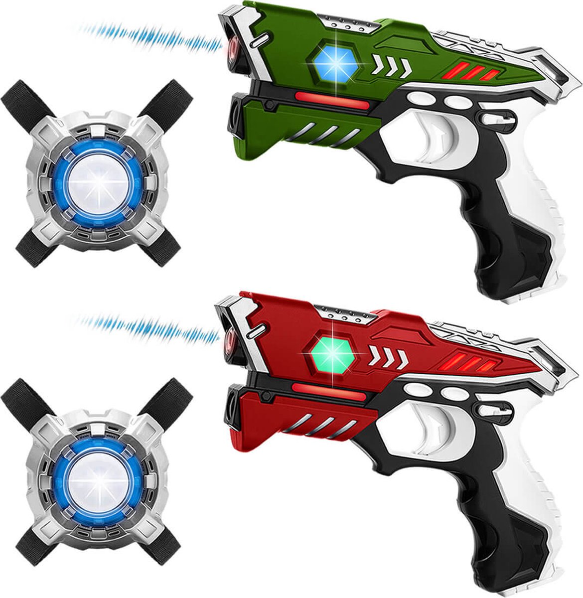 2 stoere laserguns rood/groen + 2 lasergame vesten -   laserguns met unieke Vest Only optie!