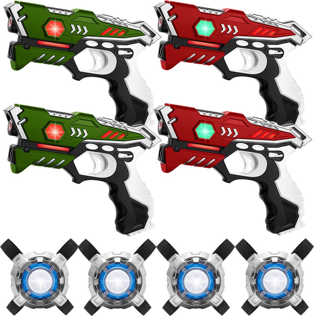 4 Laserguns rood/groen + 4 Vesten -   Lasergame set met 4 laserpistolen voor kinderen