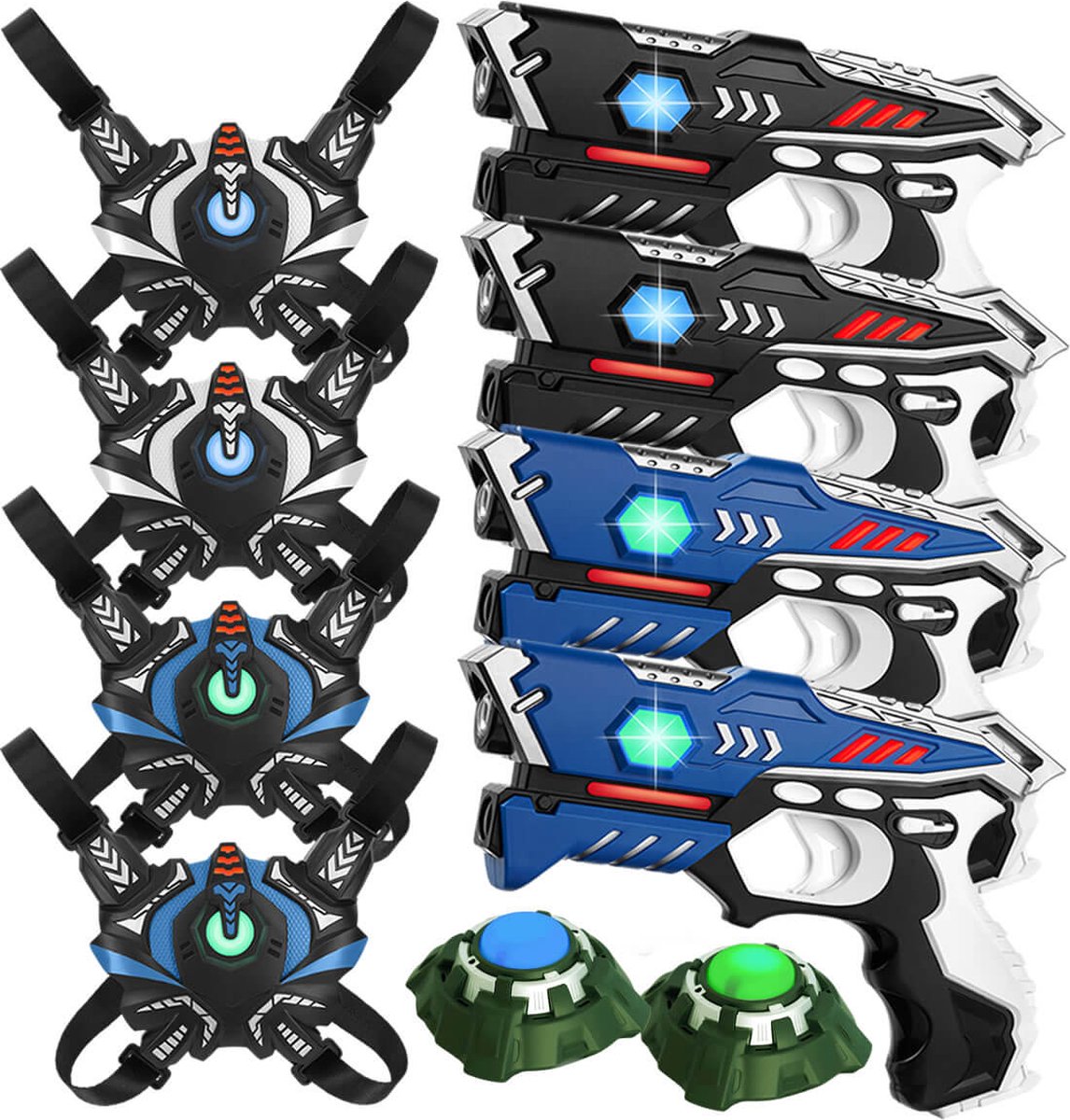   Lasergame set: 4 Laserguns + 4 vesten + 2 targets. Complete lasergame set voor 4 spelers