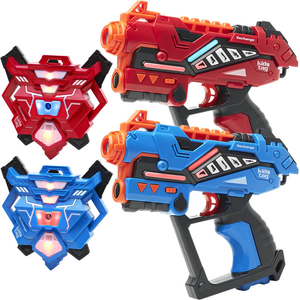   Recharge lasergame set - 2 oplaadbare laserguns P2 + 2 waterdamp vesten - Lasergamen vanaf 6 jaar - Extra functies - Digitale display - Geen batterijen nodig