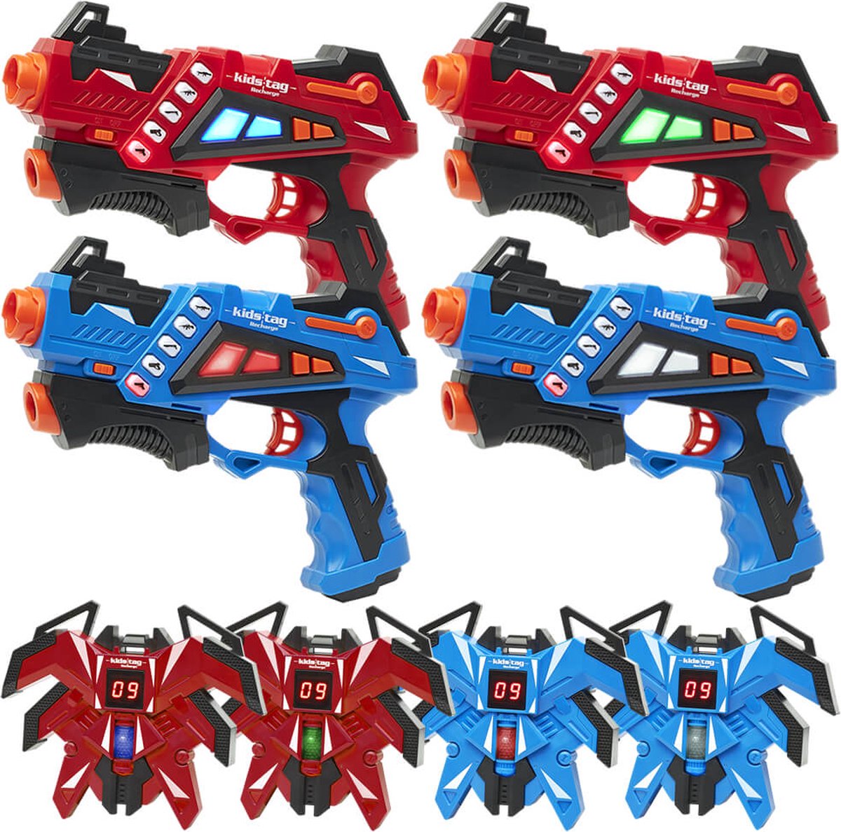   Recharge lasergame set - 4 oplaadbare laserguns P1 + 4 display vesten - Lasergamen vanaf 6 jaar - Extra functies - Digitale display - Geen batterijen nodig