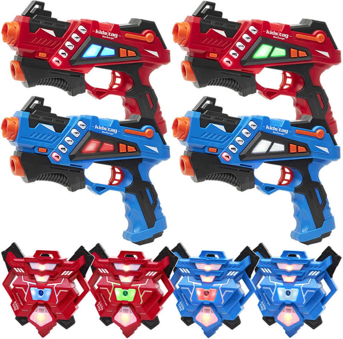   Recharge lasergame set - 4 oplaadbare laserguns P1 + 4 waterdamp vesten - Lasergamen vanaf 6 jaar - Extra functies - Digitale display - Geen batterijen nodig