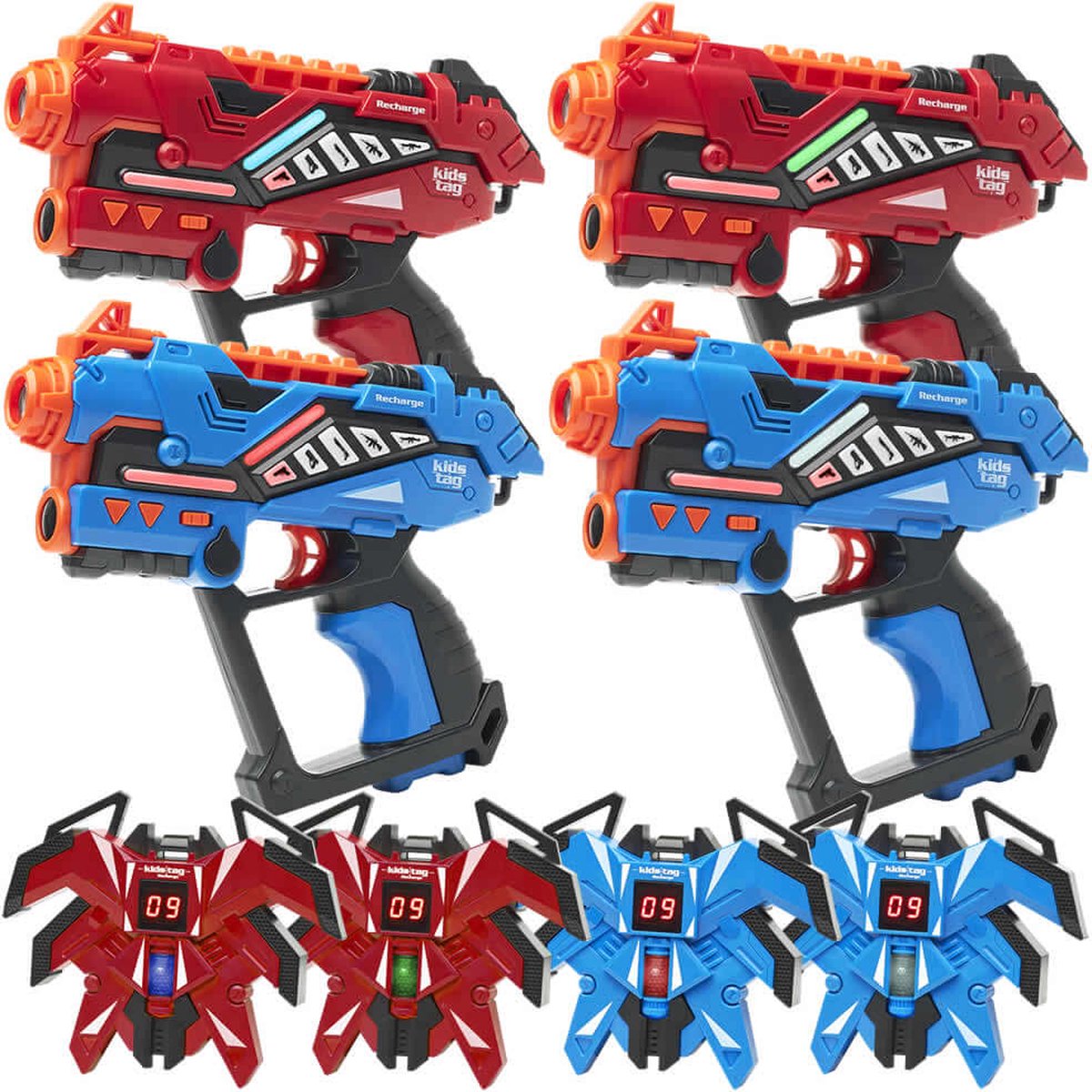   Recharge lasergame set - 4 oplaadbare laserguns P2 + 4 display vesten - Lasergamen vanaf 6 jaar - Extra functies - Digitale display - Geen batterijen nodig