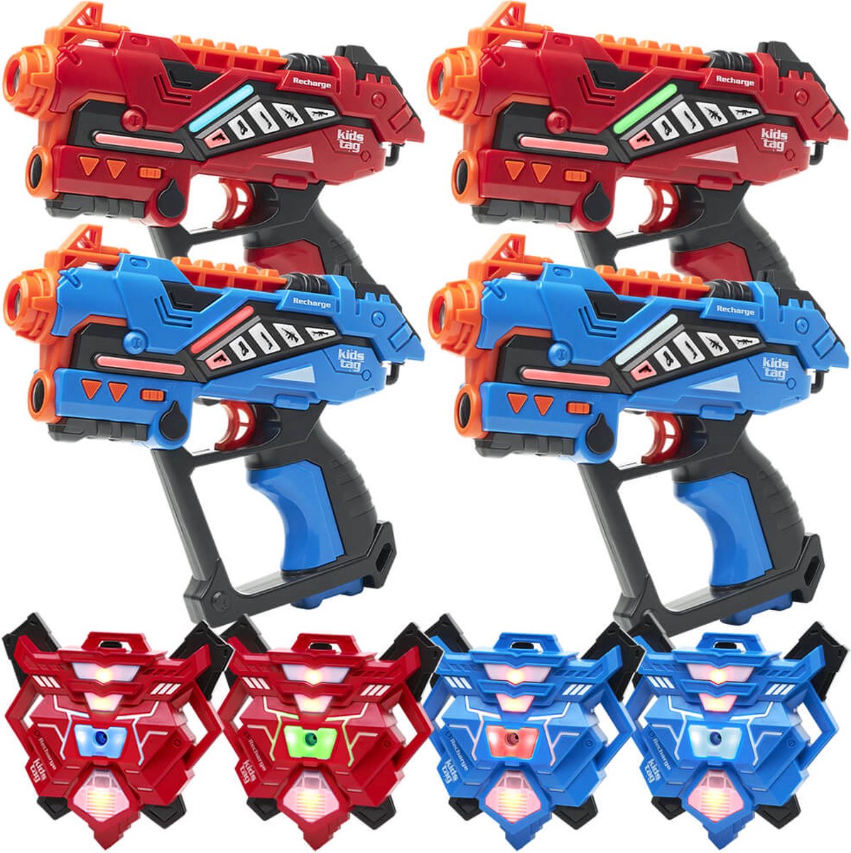   Recharge lasergame set - 4 oplaadbare laserguns P2 + 4 waterdamp vesten - Lasergamen vanaf 6 jaar - Extra functies - Digitale display - Geen batterijen nodig