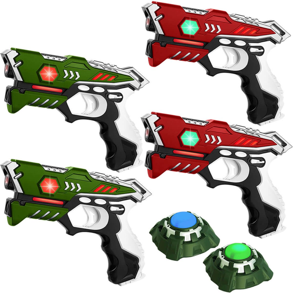   lasergame set met 4 laserpistolen rood/groen en 2 Light Battle targets. Lasergame voor 4 spelers - 4 Laserguns + 2 Targets