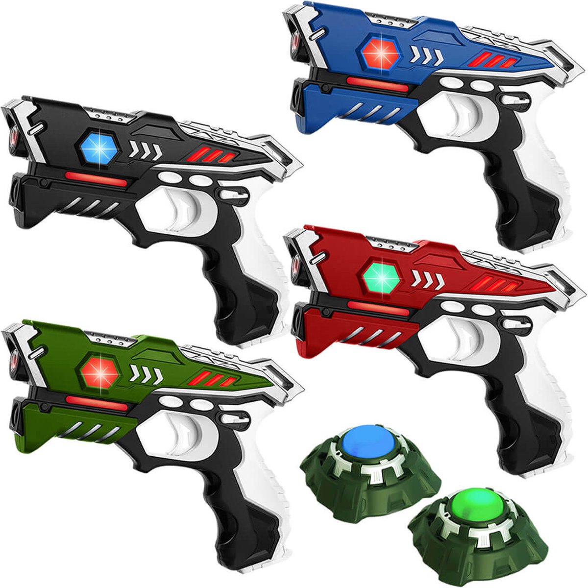   lasergame set met 4 laserpistolen rood/groen/zwart/blauw en 2 Light Battle targets. Lasergame voor 4 spelers - 4 Laserguns + 2 Targets