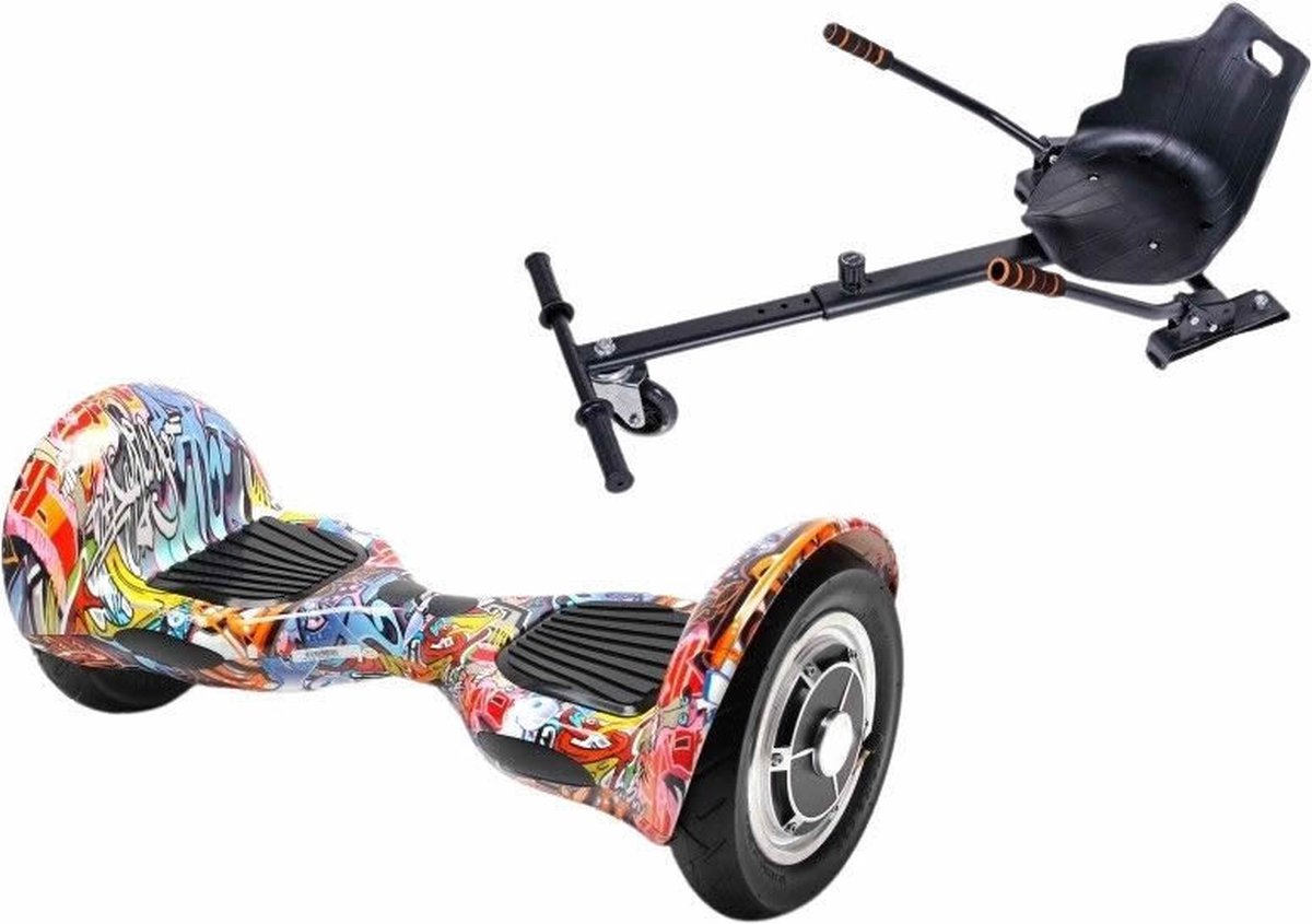 Kidscare 10’’ Alle Terrein - Offroad Hoverboard Met Hoverkart - Oxboard - 15kmh - Bluetooth Speakers - Led Lighting - UL2272 Gecertificeerd - Opblaasbare Banden - Z4 Graffiti-Orange