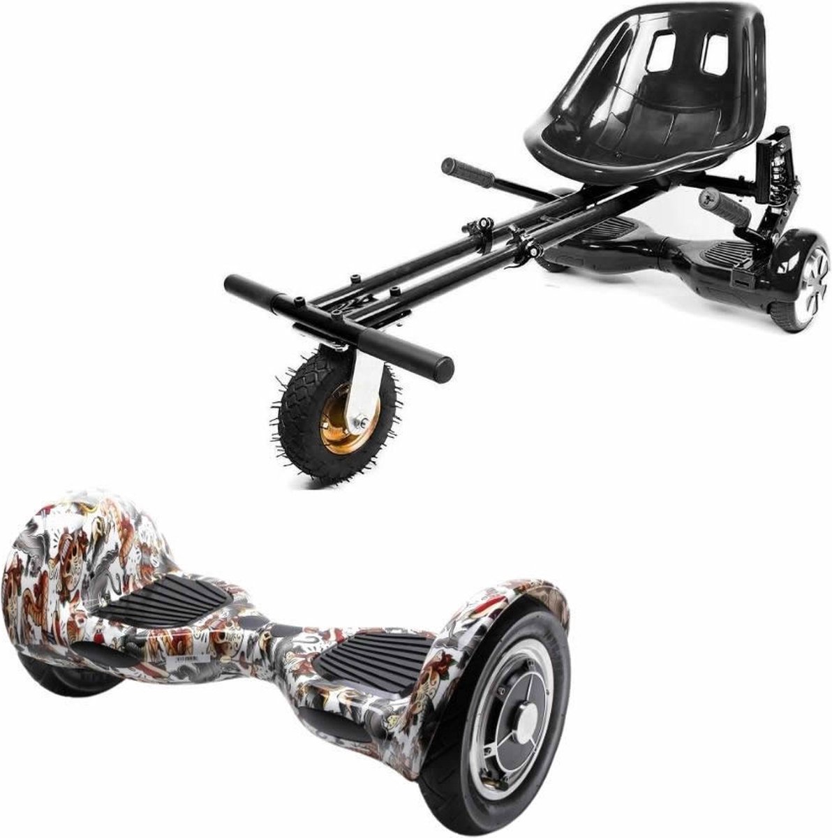 Kidscare 10’’ Alle Terrein - Offroad Hoverboard Met Schokdemper Hoverkart - Zwart - Oxboard - 15kmh - Bluetooth Speakers - Led Lighting - UL2272 Gecertificeerd - Opblaasbare Banden - Z4 Tattoo