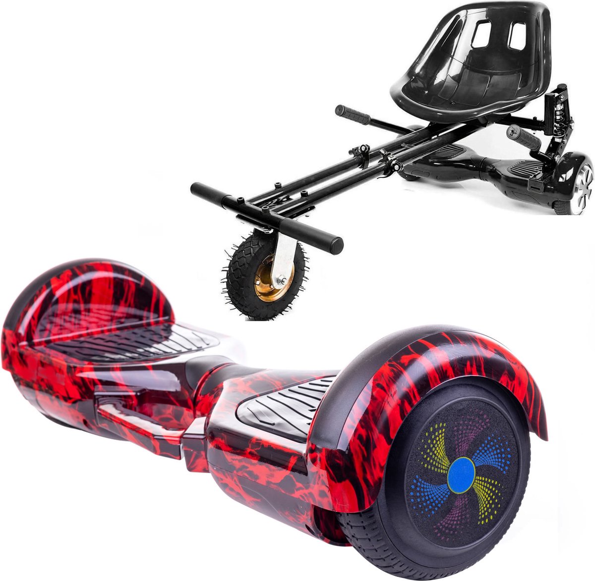 Kidscare 6.5’’ Hoverboard Med Schokdemper Hoverkart - Zwart - Oxboard - 15kmh - Bluetooth Speakers – Led Lighting – UL2272 Gecertificeerd – Anti lek banden – Z1 Volcano handvat