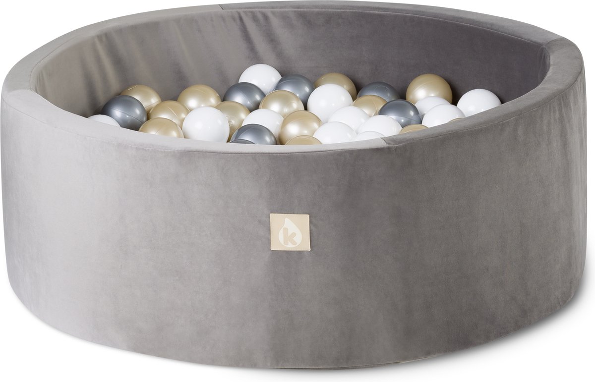 Ballenbak velvet baby speelgoed 1 jaar safari grijs- Kidsdouche ballenbad met 250 ballen - goud, zilver, wit