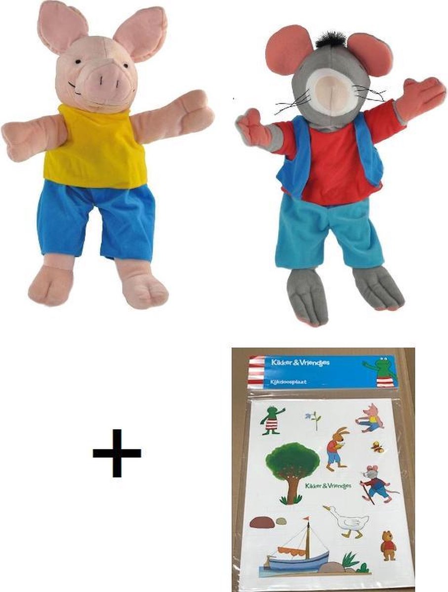 Kikker en zijn vriendjes - handpoppen set - rat en varken 40 cm - met kijkdoos - dieren - knuffel - poppenkast -