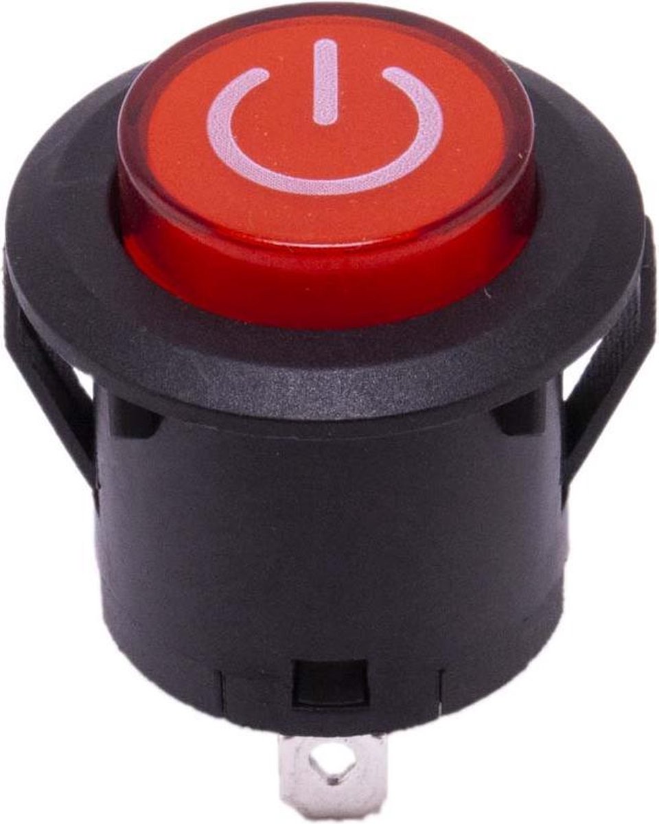 Drukknop 28mm aan uit rood rond met LED voor elektrische kinderauto - kindermotor - kinderquad - kindertractor - accuvoertuig