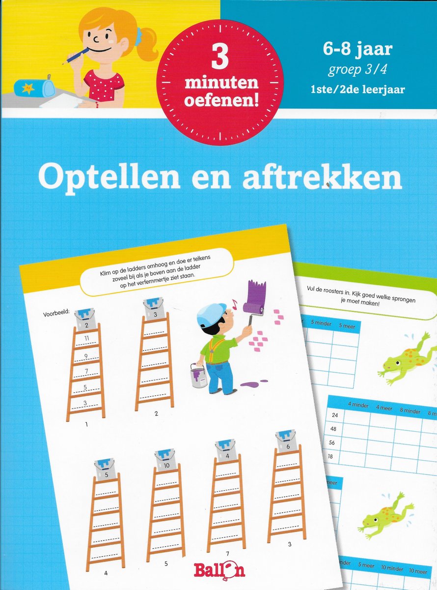 Kinderboeken Ballon Media educatieboek drie minuten oefenen optellen en aftrekken groep 3/4