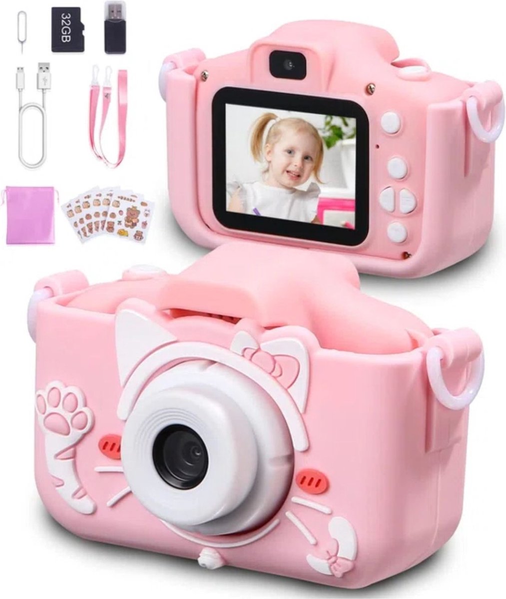  , 2,0 inch digitale camera, digitale camera, speelgoed voor kinderen, cadeau, speelgoed met 32 G kaart/1080p HD, beschermhoes van siliconen, schokbestendig, roze