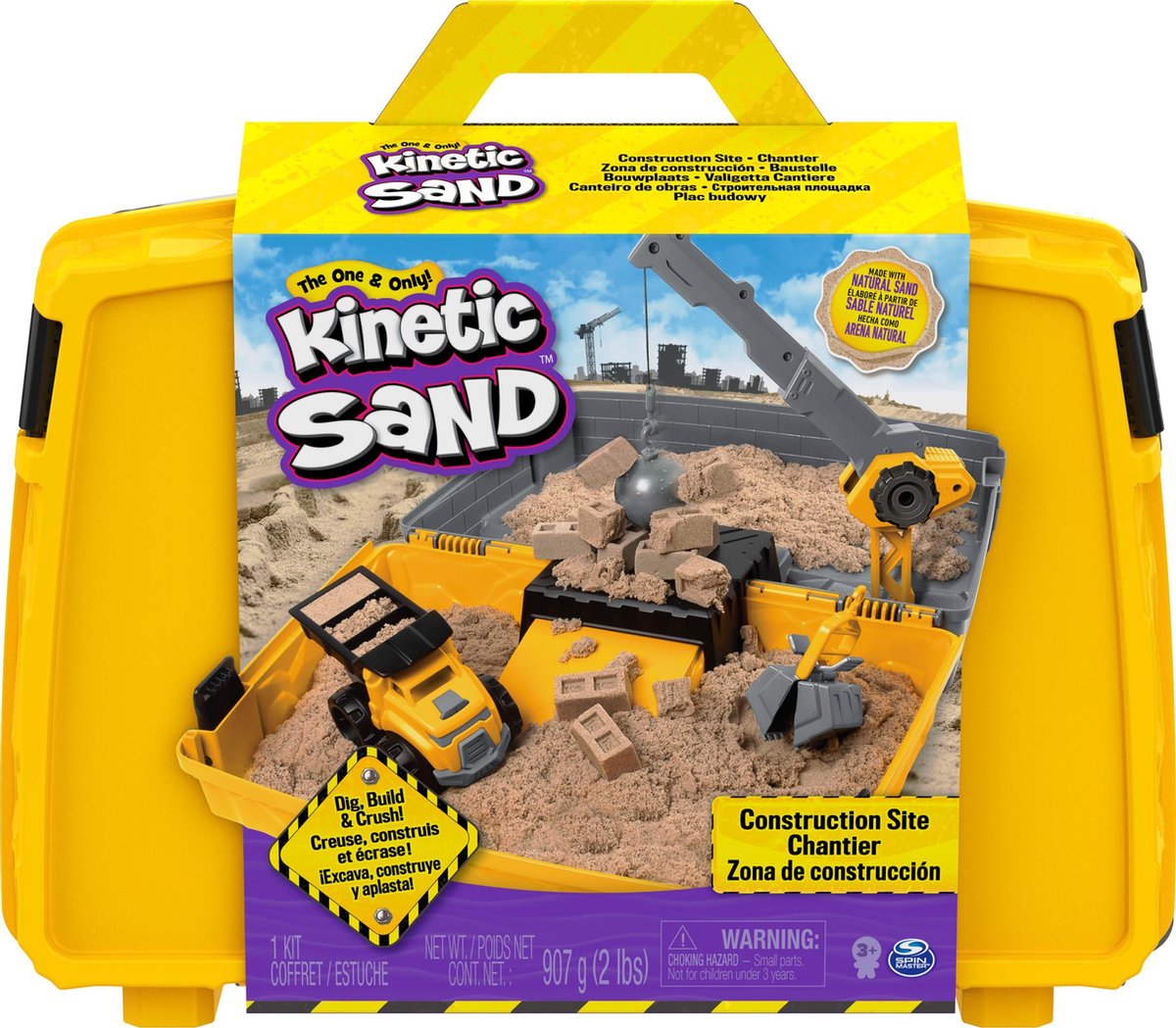 Kinetic Sand, opbouwbare zandbakspeelset Bouwplaats met voertuig en 907 g Kinetic Sand, voor kinderen van 3 jaar en ouder