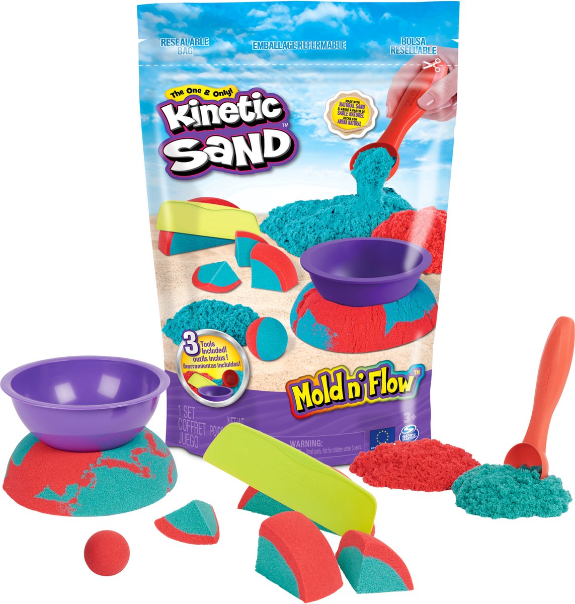 Kinetic Sand - Mold n Flow-set met 680 g rood en blauwgroen speelzand en 3 stuks gereedschap - Sensorisch speelgoed