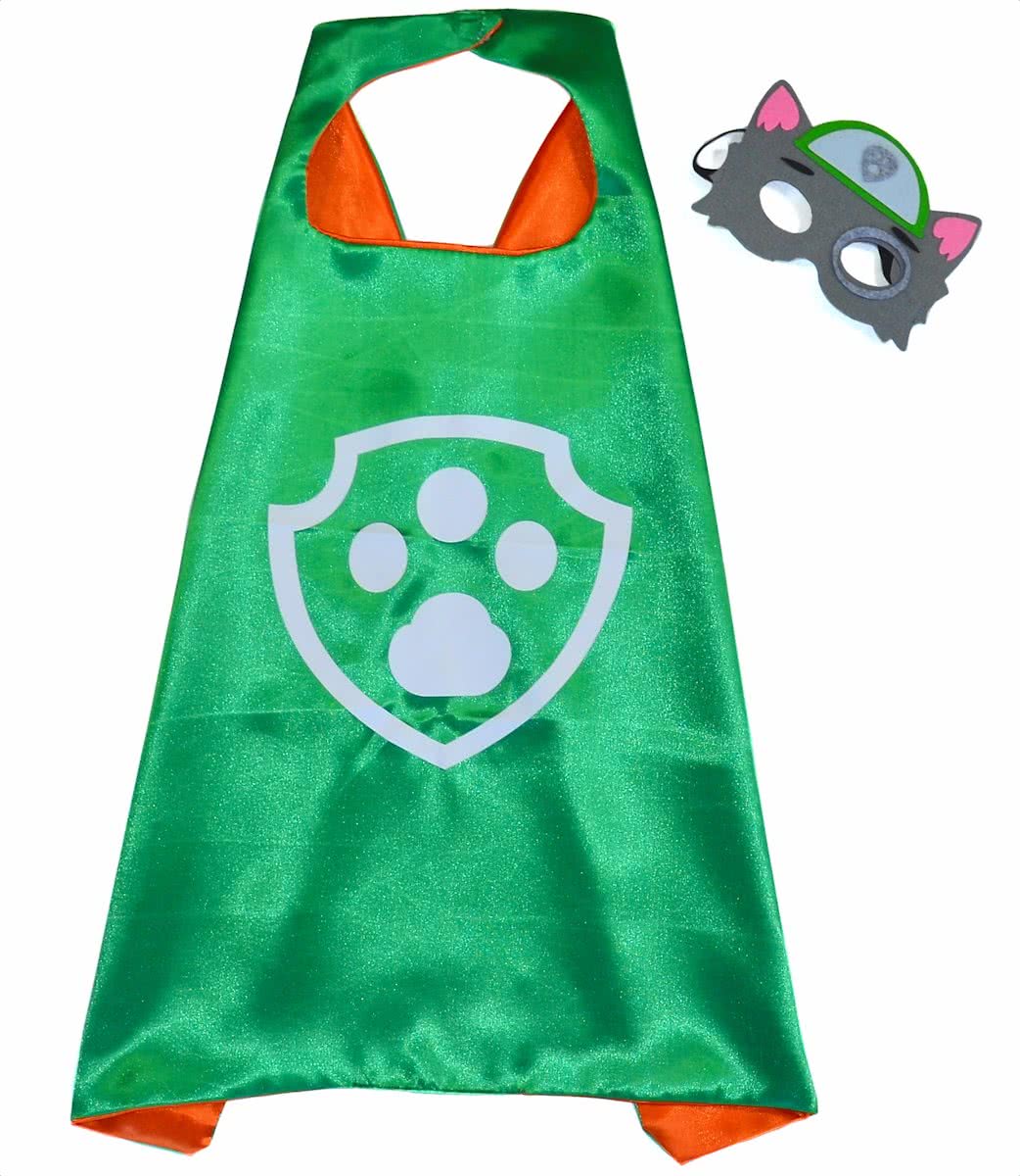 Verkleedkleding PAW Patrol Rocky Cape en Masker - Superhelden Kostuum voor kinderen 3 tot 10 jaar - Voor rollenspel of kinderfeestjes! - voor jongens en meisjes - Supergave outfit voor je kind - Verkleedkleren van King Mungo - KMSC013