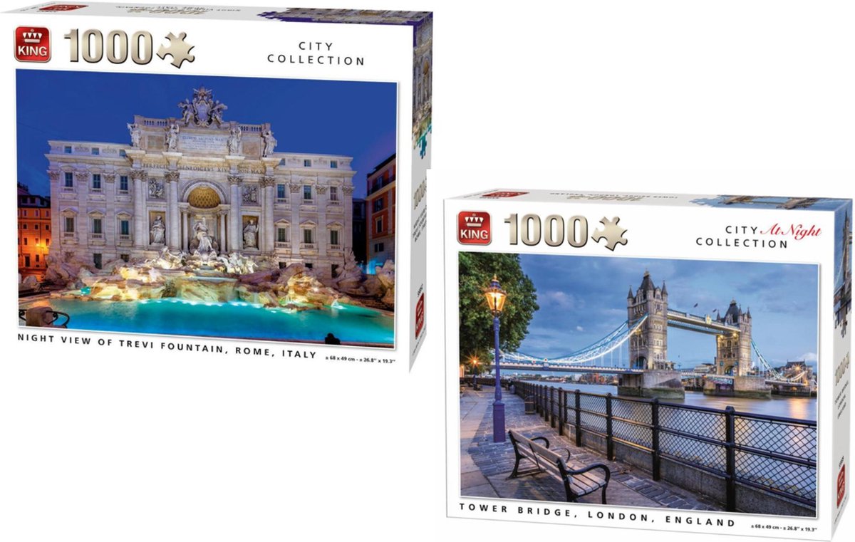 KING CITY AT NIGHT COLLECTION TOWER BRIDGE, LONDON, ENGLAND PUZZEL + NIGHT VIEW OF TREVI FOUNTAIN, ROME, ITALY PUZZEL