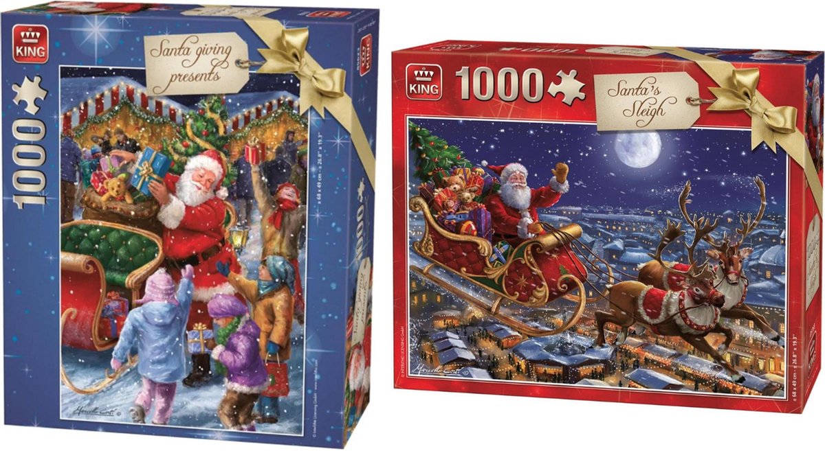 KING SANTA GIVING PRESENTS  Kerstpuzzel 1000 stukjes  en King  Kerstpuzzel  - Santa Sleigh  de kerstman met  slee 1000  stukjes