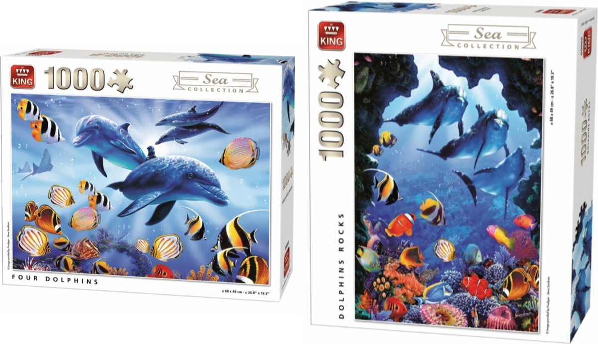 KING Sea Collection - FOUR DOLPHINS PUZZEL - 4 dolfijnen 1000 sfukjes  &  KING SEA COLLECTION DOLPHINS ROCKS PUZZEL - dolfijnen puzzel 1000 stukjes