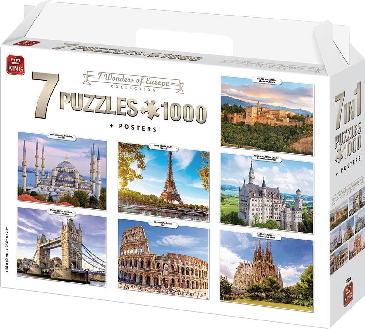 King 1000 Stukjes 7 in 1 Puzzelbox - 7 x Puzzel Europese Bouwwerken - Volwassenen - Met Posters