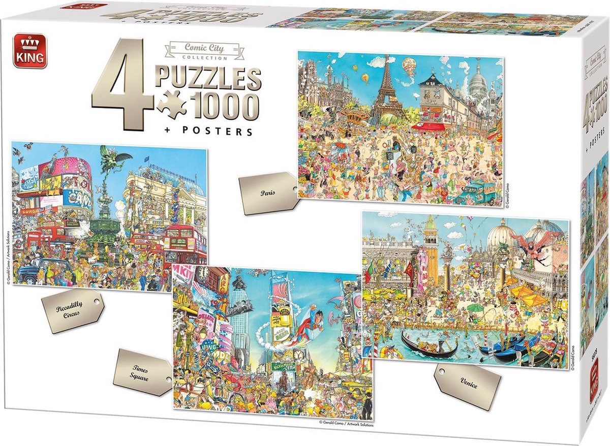 King 4 x 1000 Stukjes Puzzel (68 x 49 cm) - Comic City Collection - 4in1 Legpuzzel Cartoon + Posters