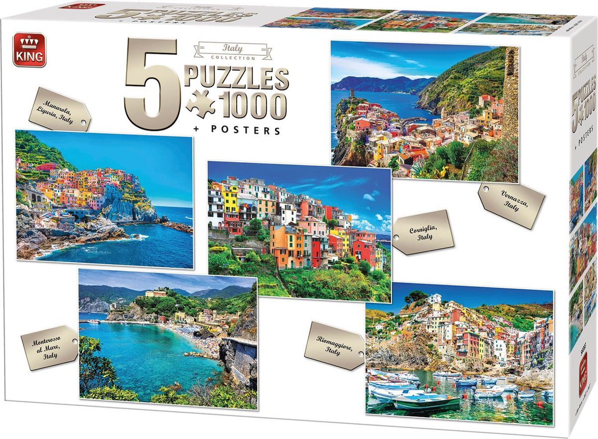 King 5 x 1000 Stukjes Puzzel (68 x 49 cm) - Italië Collection - 5in1 Legpuzzel Landschap + Posters