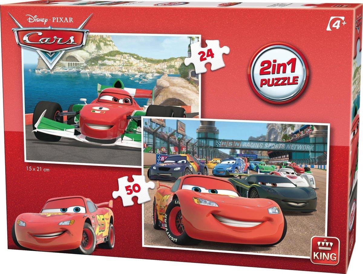 King Disney Pixar Cars 2 in 1 kinderpuzzel 1 x 24 stukjes en 1 x 50 stukjes inclusief unieke en praktische rode, blauw schrijvende laserbalpen in luxe opbergbox.