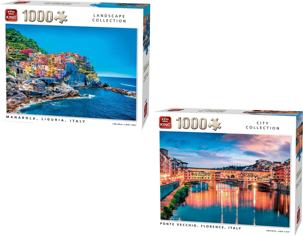 King Landscape Collection Manarola, Liguria, Italy legpuzzel 1000 stukjes en King  city collection Ponte Vecchio Italië 1000 stukjes