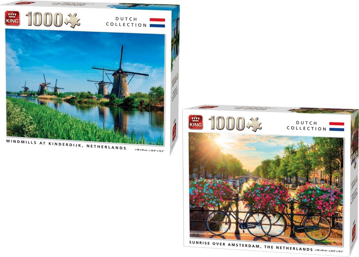 King Puzzel 1000 Stukjes - Grachten Amsterdam - Legpuzzel - Holland Souvenirs en KING PUZZEL LANDSCHAP Puzzel WINDMOLENS, KINDERDIJK, NEDERLANDS 1000 STUKJES