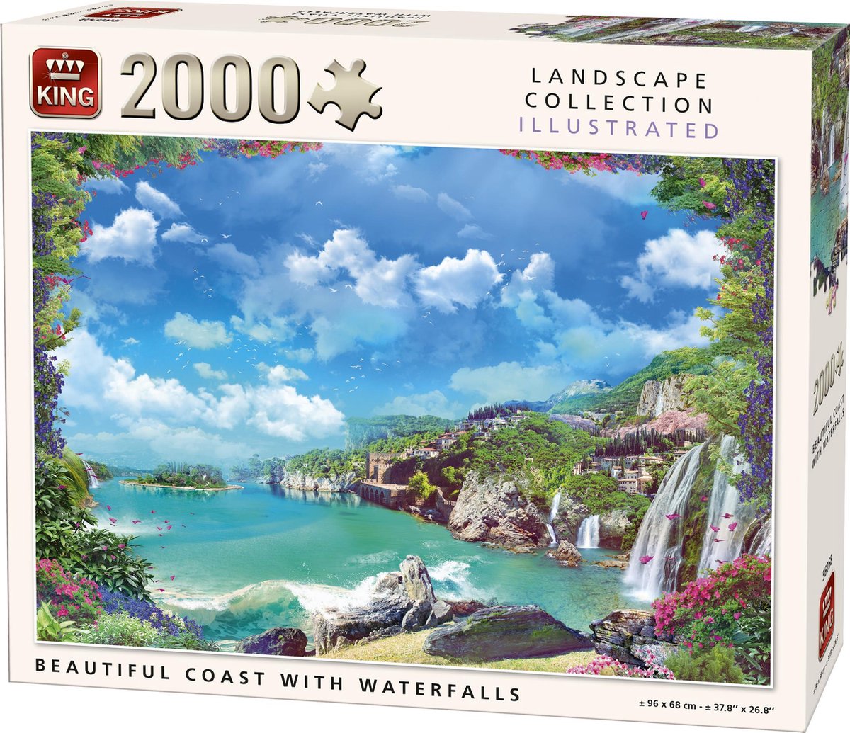 King Puzzel 2000 Stukjes (96 x 68 cm) - Kustlijn met Watervallen - Legpuzzel Landschap