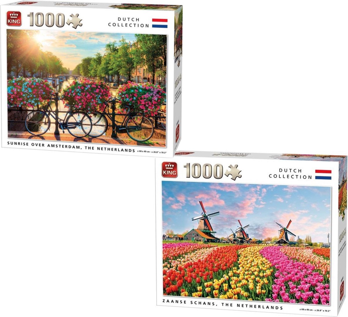 King dutch collection legpuzzel set  sunrise over amsterdam  1000 stukjes en  King dutch collection  zaanse schans -windmolens- tulpenveld 1000 stukjes