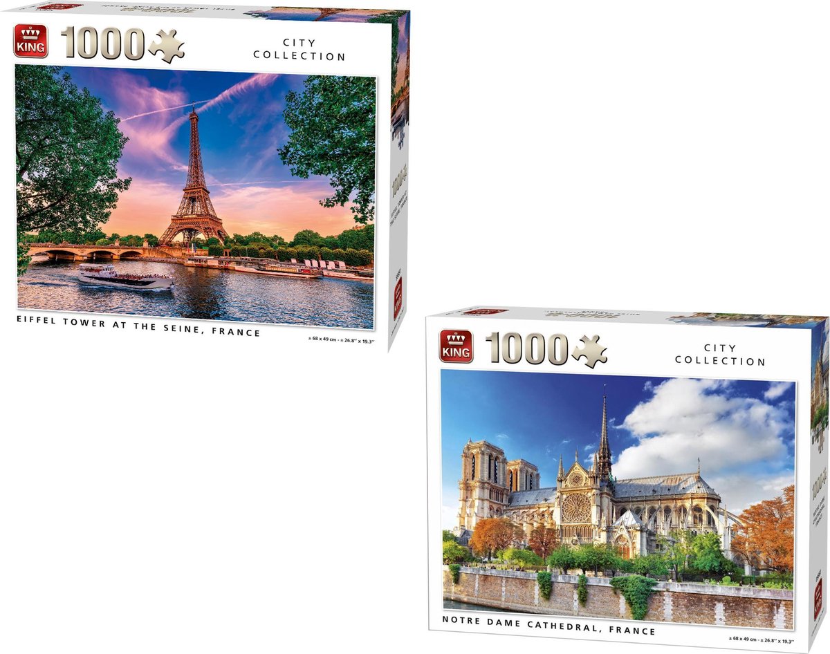 King legpuzzel city collection Notre Dame cathedral , Frankrijk 1000 stukjes en King legpuzzel city collection  De  Eiffeltoren  aan de Seine Frankrijk  1000 stukjes