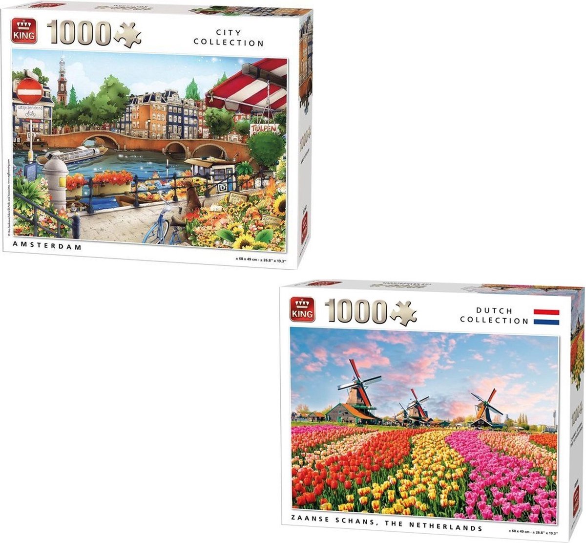 King legpuzzel dutch collection zaanse schans windmolens - tulpenveld - hollands landschap 1000 stukjes en King legpuzzel  city collection  Amsterdamse gracht - bloemenmarkt 1000 stukjes