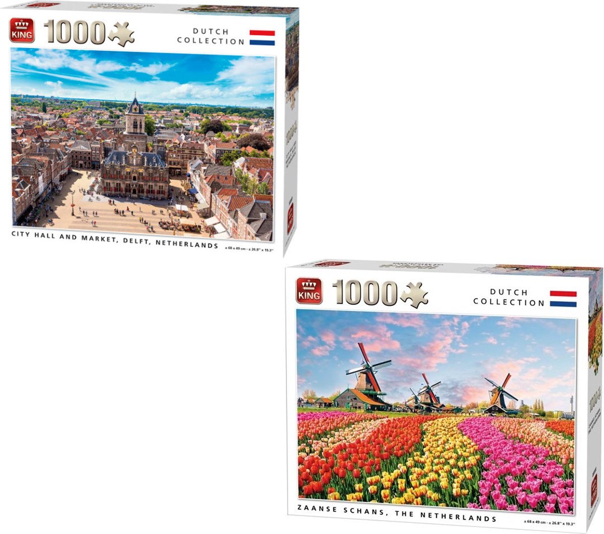 King legpuzzel dutch collection zaanse schans windmolens - tulpenveld - hollands landschap 1000 stukjes en  King legpuzzel dutch collection Delft stadhuis en markt 1000 stukjes