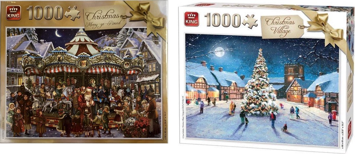 king kerst puzzel- christmas merry go round  draaimolen met kerstman . 1000 stukjes en  King Puzzel  - Christmas Village - Legpuzzel Kerst / Winter  dorpsplein met kerstboom  1000 Stukjes