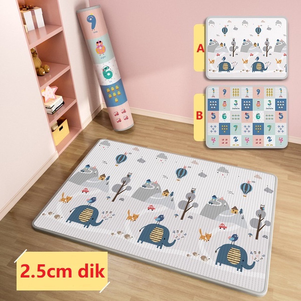 Voedselveiligheidsniveau Dubbelzijdige Verdikte 2,5cm XL Speelkleed met Letters 180*120*2,5cm - Anti-val speelmat - XPE Speeltapijt EXTRA DIK - Olifantendorp + Dieren Cijfers