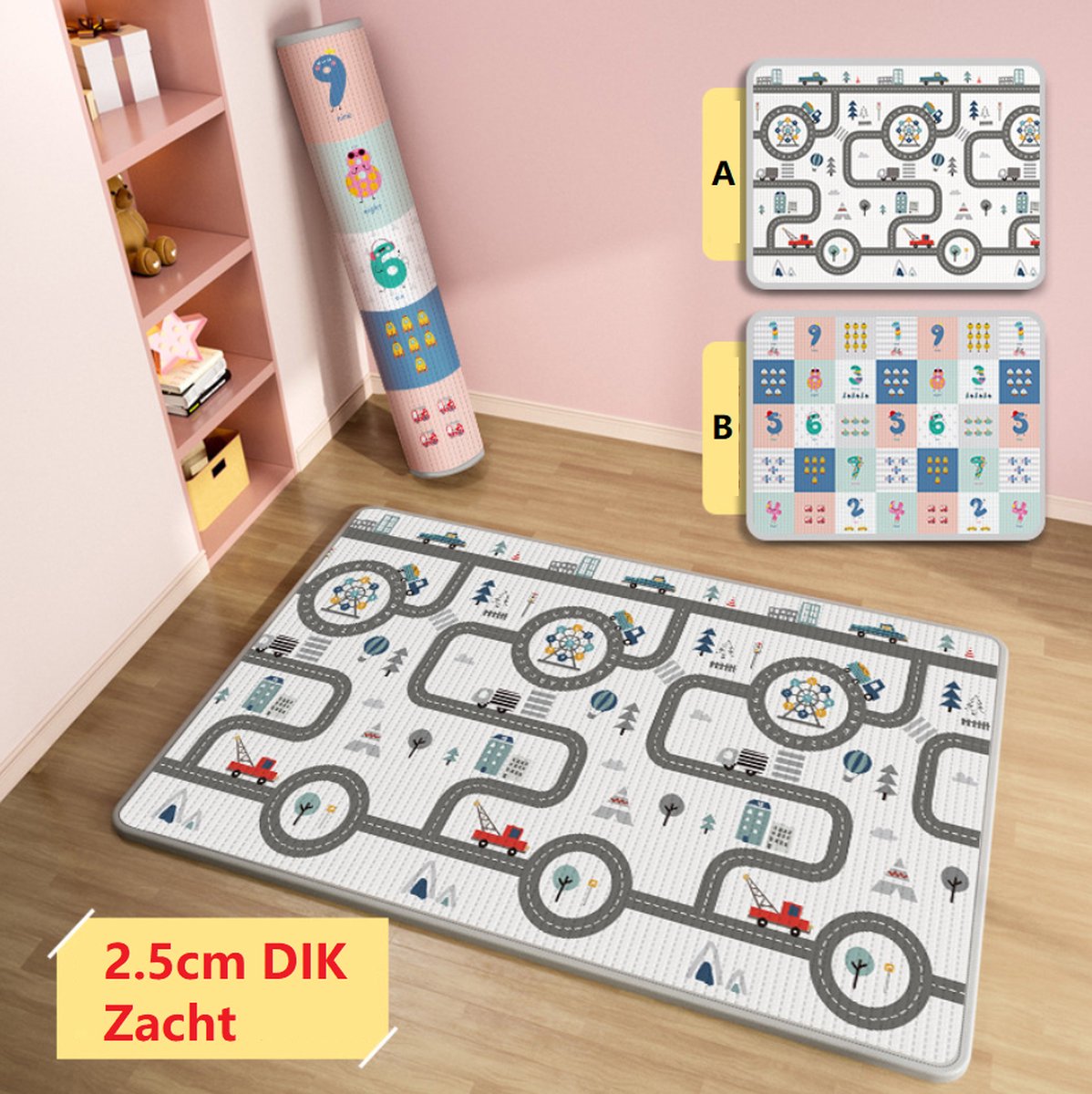 Voedselveiligheidsniveau Dubbelzijdige Verdikte 2,5cm XL Speelkleed met Letters 180*120*2,5cm - Anti-val speelmat - XPE Speeltapijt EXTRA DIK - Stadsverkeer + Dieren Cijfers