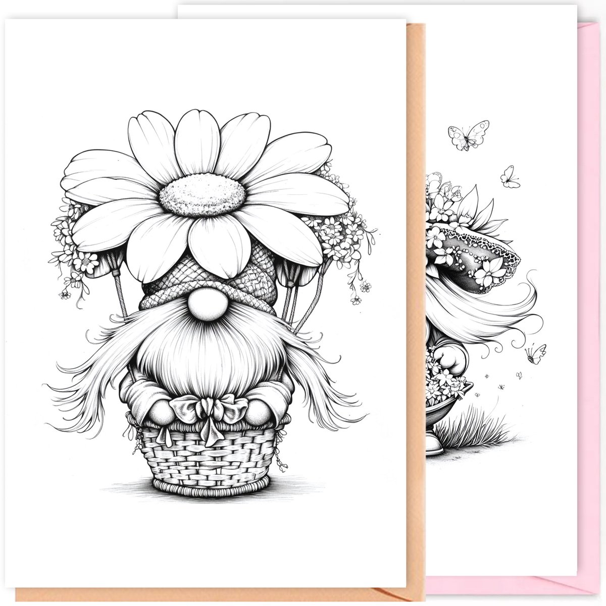 KleurLab® - Luxe kleurkaarten voor Volwassenen - Puntmutsen Pret - Set van 8 - met Envelop - 15 x 21 cm - Inkleur Kaarten - Luxe Wens kaarten om zelf in te Kleuren ✦ Creatief Cadeau ✦