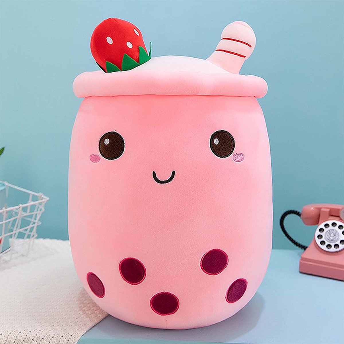 Klikkopers® - Bubble Tea Knuffel XXL - 50cm - Aardbei - Boba Tea Knuffel - Roze - Kawaii Kussen