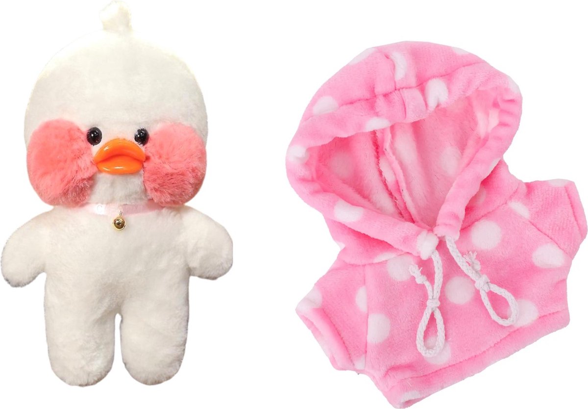 Klikkopers® - Paper Duck knuffel - Roze Hoodie met Stippetjes - 30 cm - Paper Duck - Lalafanfan - Paperduck - Wit