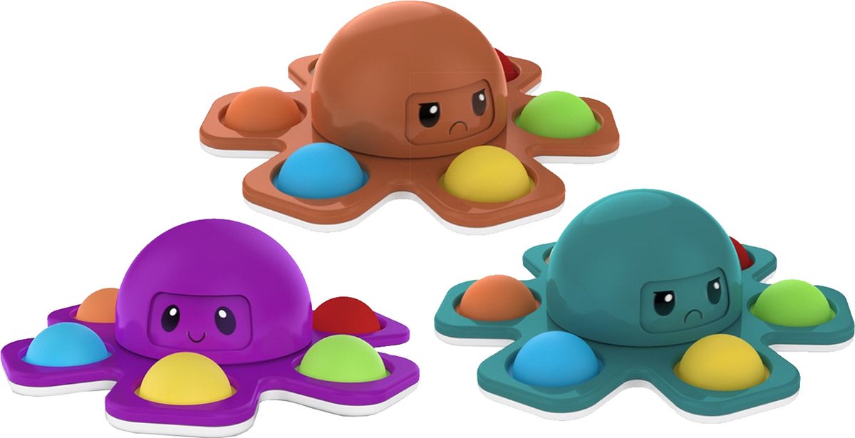 3 Pack -   Spinner met Pop Up Bubble - Face Changing Octopus - Anti Stress - Rage 2021/2022 - Groen / Paars / Oranje