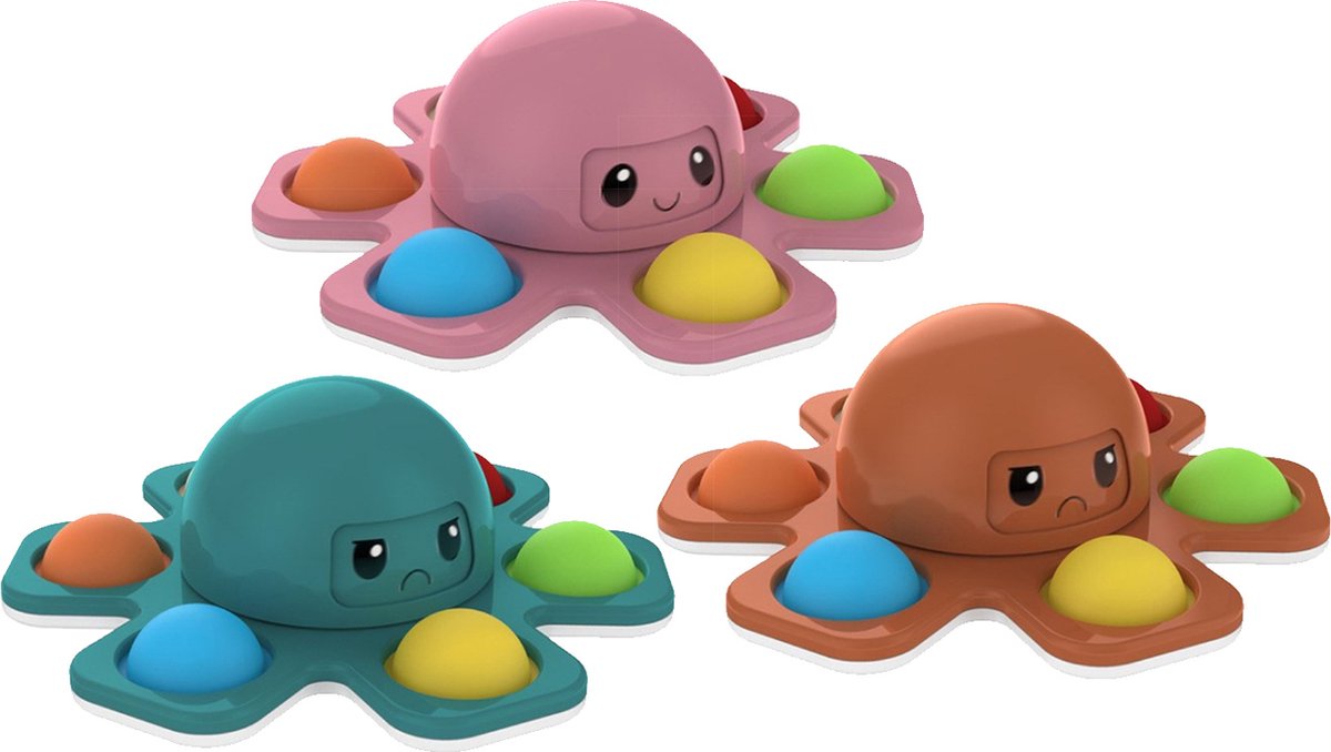 3 Pack -   Spinner met Pop Up Bubble - Face Changing Octopus - Anti Stress - Rage 2021/2022 - Roze / Groen / Oranje